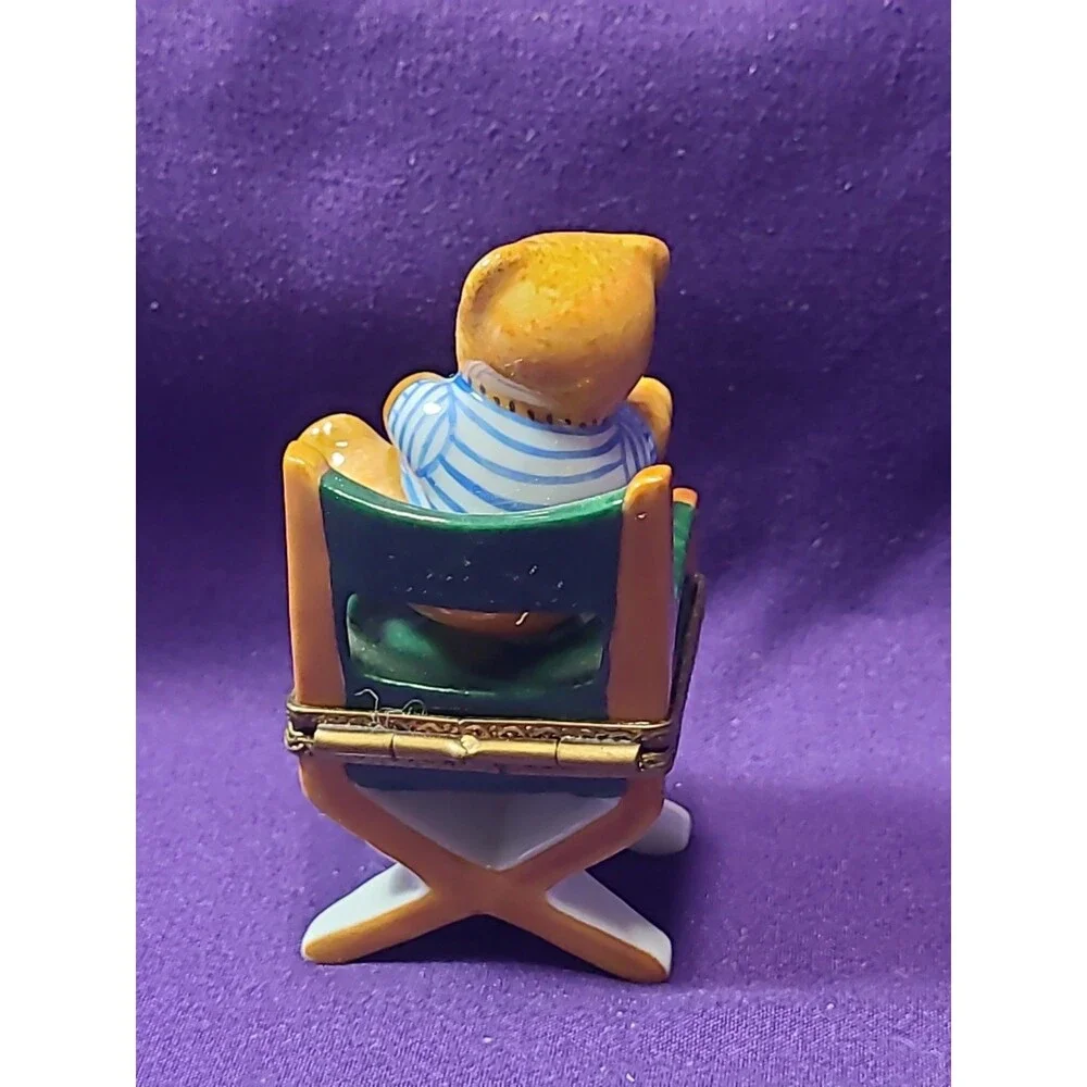 Limoges France Peint Main PV Teddy Bear in Directors Chair Porcelain Trinket Box